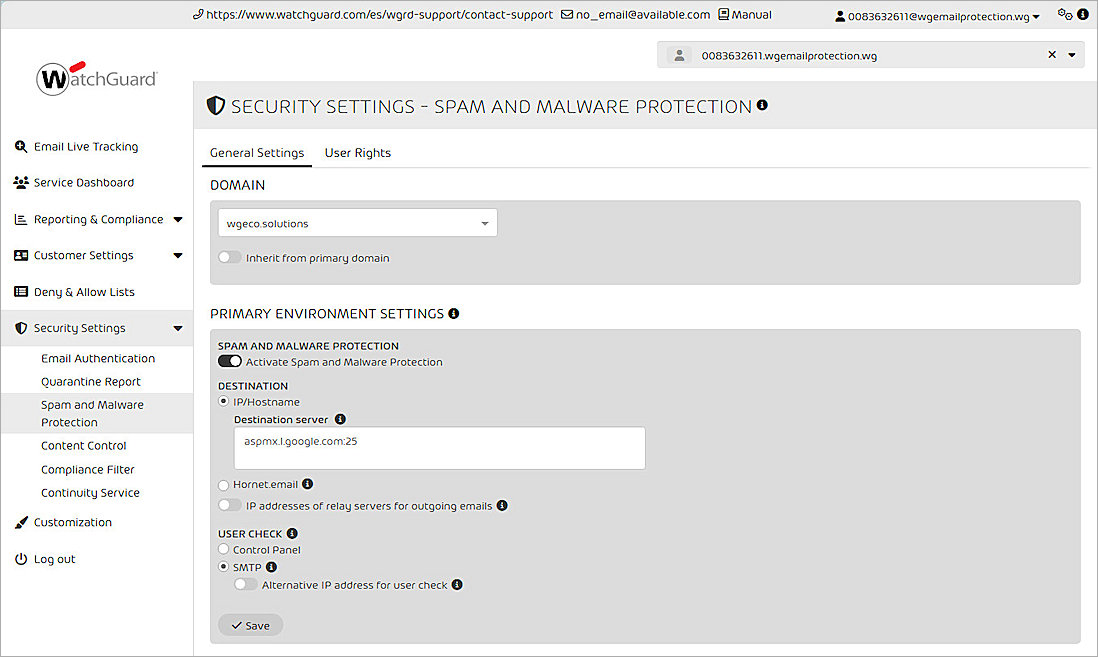 Screenshot of the WatchGuard Email Protection Spam and Malware Protection page